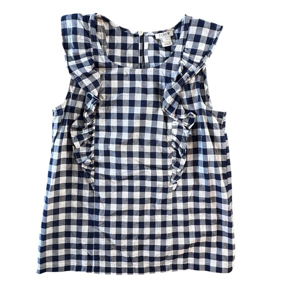 J. Crew Tops - Gingham J. Crew Womens Navy Blue White Ruffle Sleeveless Cotton Top Size 00